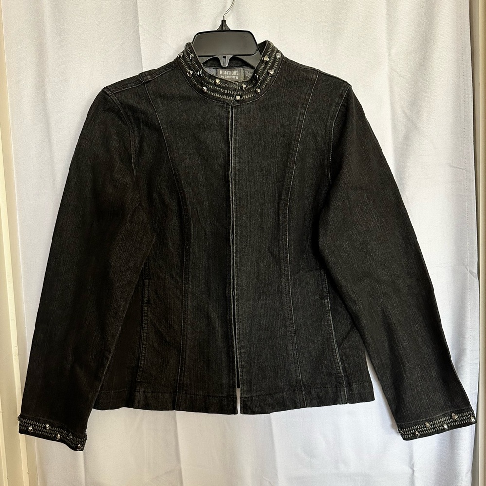 Chico's Black Embellished Collar Jean Jacket